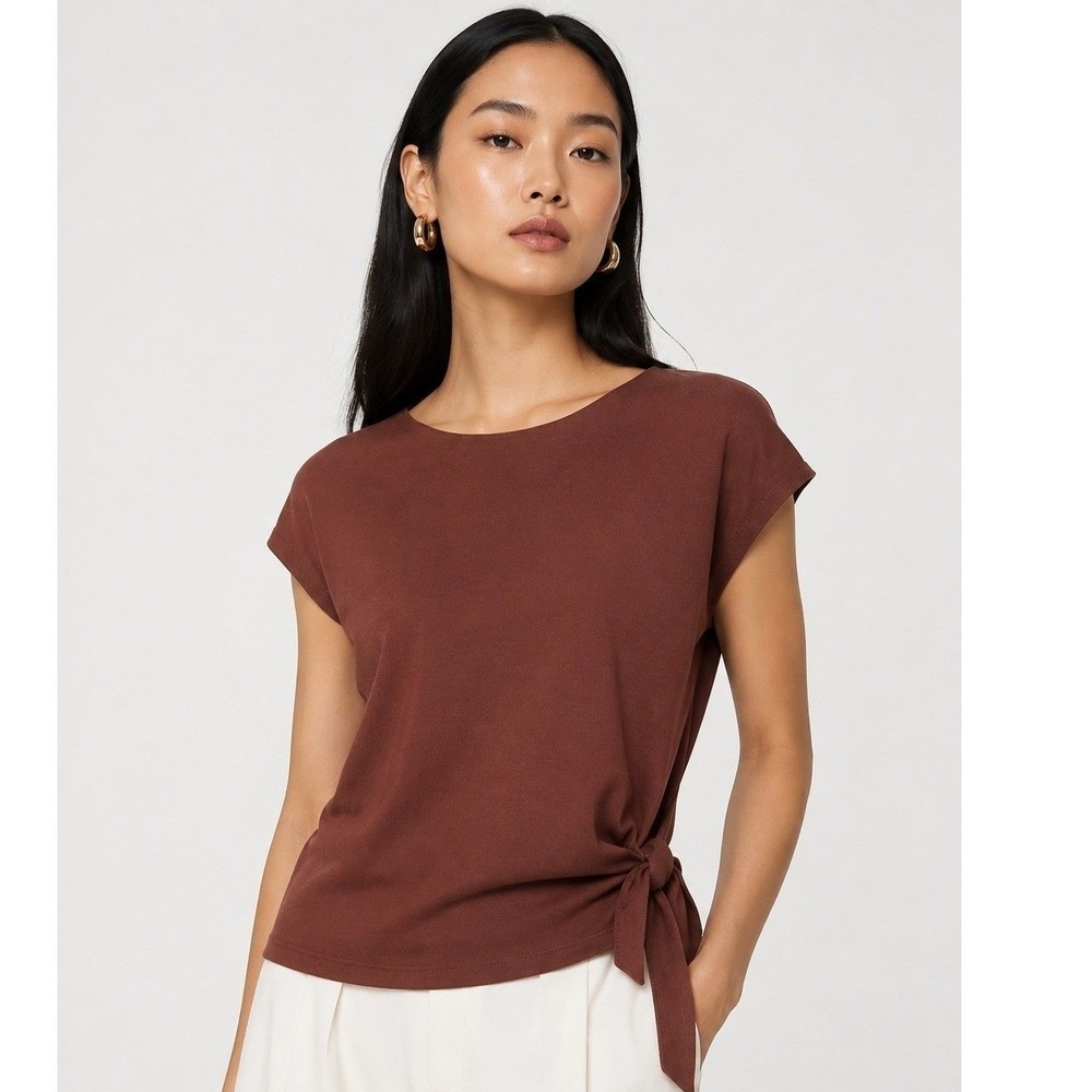 Les Serein Tilly Tie Waist Knit Top Brown Short Sleeve Blouse Size L NWT